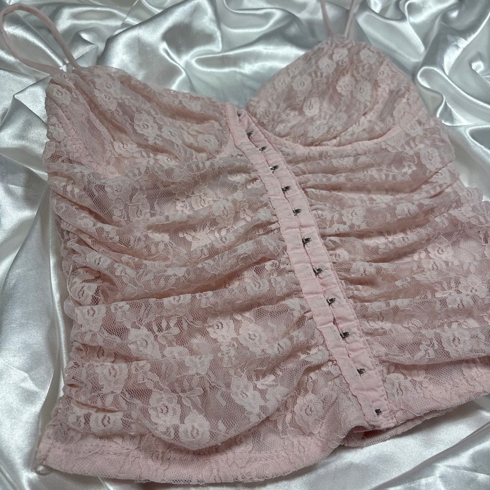 y2k Moa Moa Lace Corset Top Pink Ruched Hook Eye Cami - Picture 2 of 4